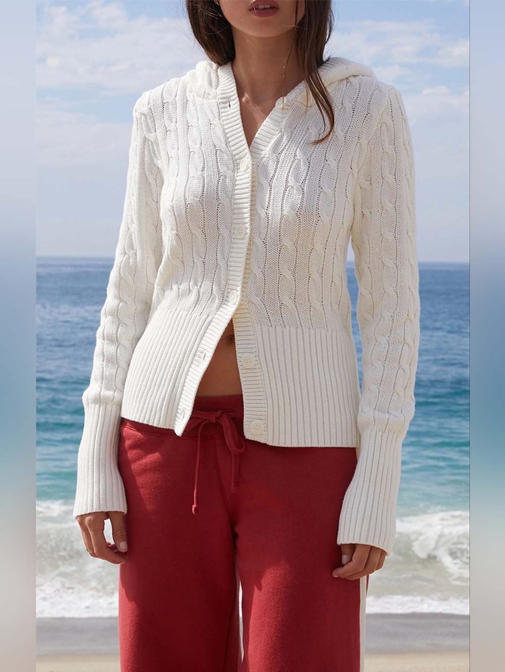John Galt White Cable Knit Button Down Hooded Sweater